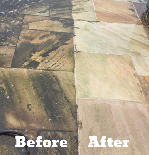 Before and after: stone paving deep-cleaned with Solas hot foam