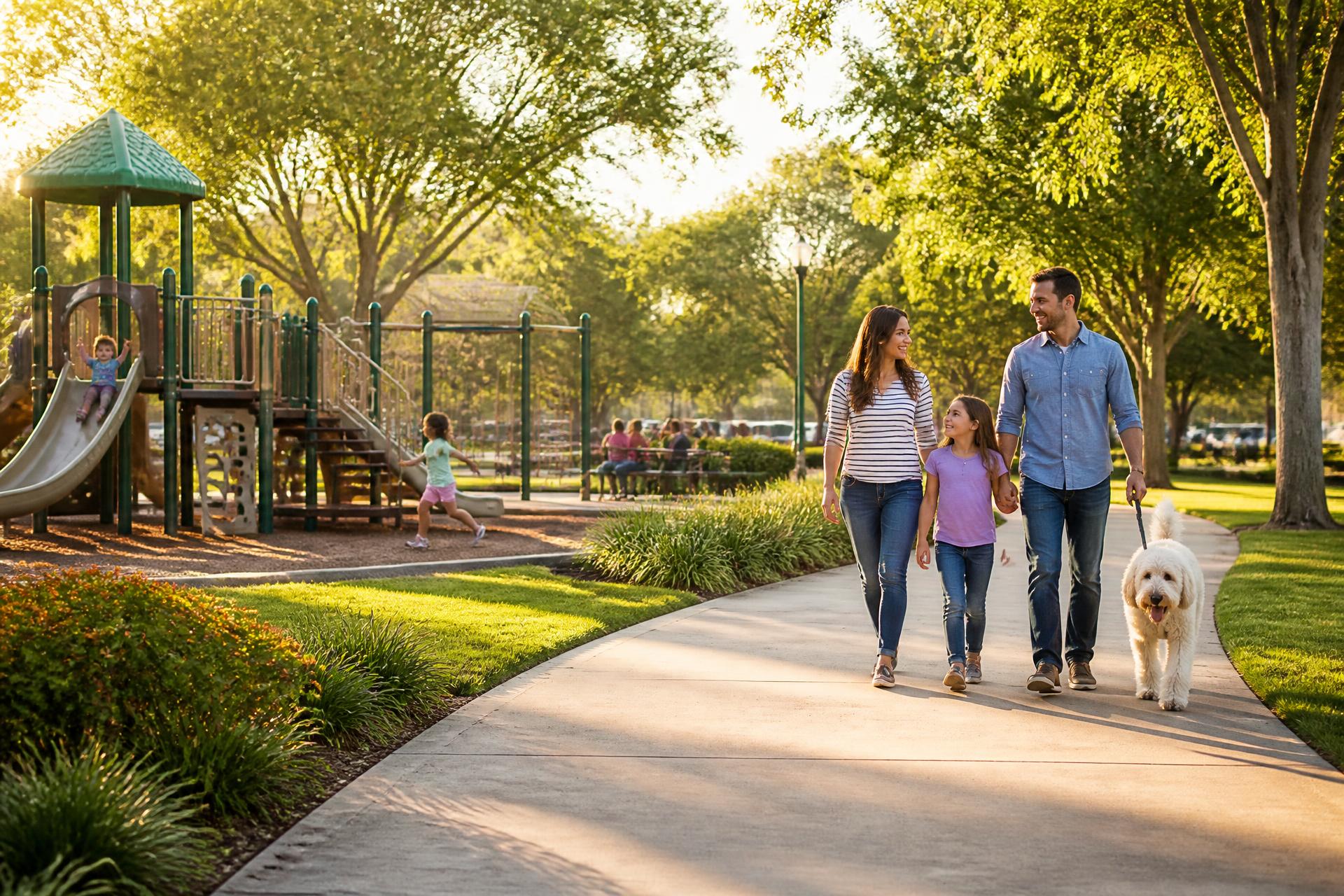 Family with a dog walking past a playground in a sunlit park